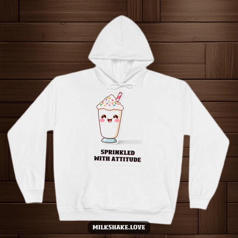 Funny Kawaii Milkshake character with a funny face made of sprinkles on a soft, cozy hoodie.