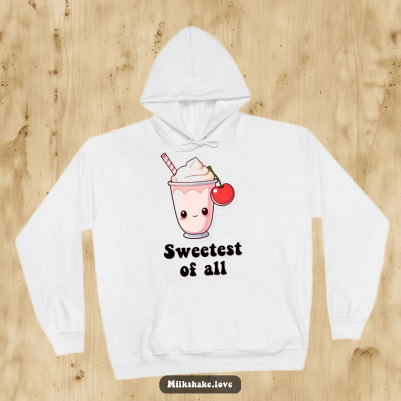 Funny milkshake cup with curious eyes staring at a cherry. Cozy hoodie for humorous food lovers.
