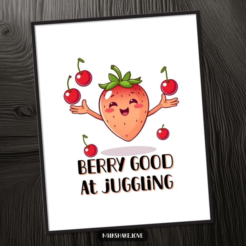 Funny Free Printable Wall Art: A smiling strawberry with outstretched arms expertly juggling bright red cherries.