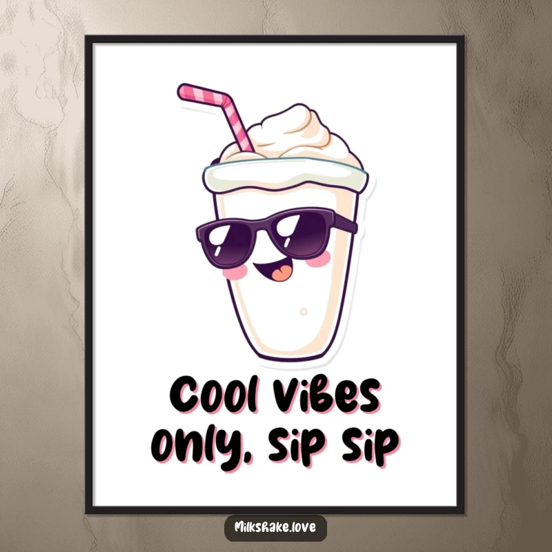 Funny Free Printable Wall Art: A kawaii milkshake character with a wide grin, rocking cool sunglasses, downloadable.