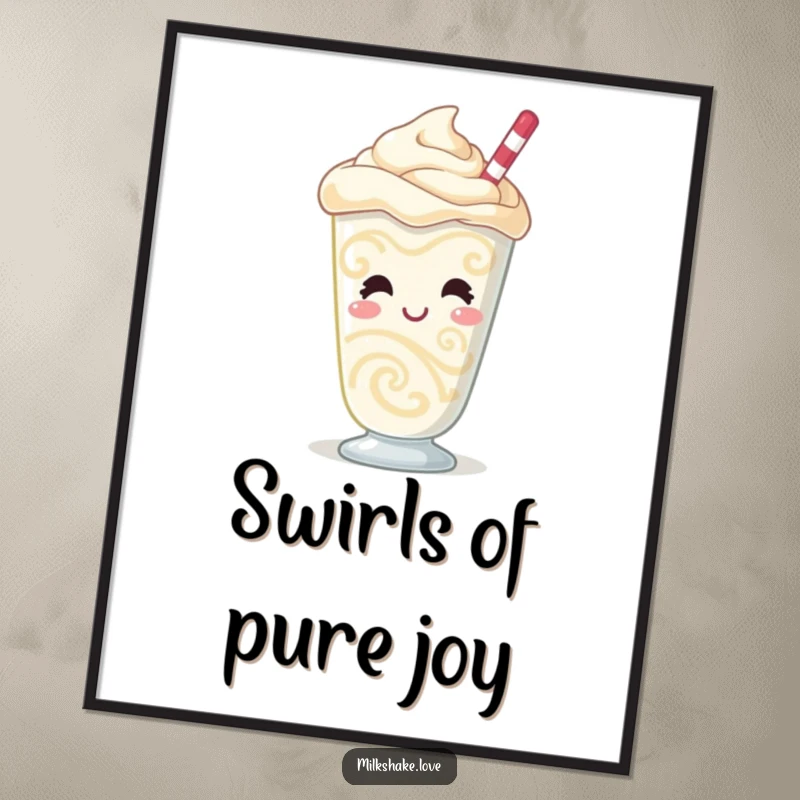 Funny free printable wall art of a giggling milkshake character with mesmerizing swirls and an undeniably bubbly, happy presence.