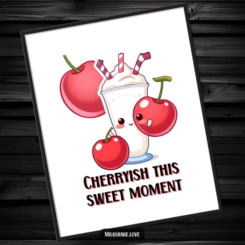 Funny Free Printable Wall Art: A shy milkshake peeks from behind a giant cherry, creating a humorous and sweet wall display.
