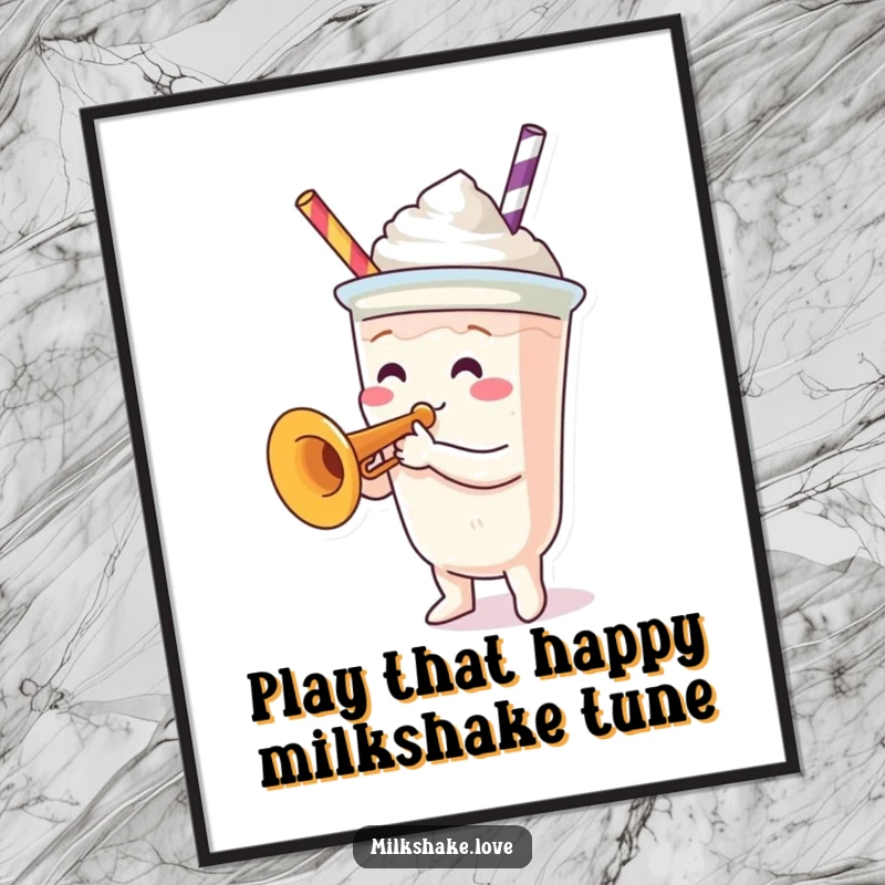 Funny Free Printable Wall Art depicting a milkshake cup character enthusiastically playing a tiny trumpet.