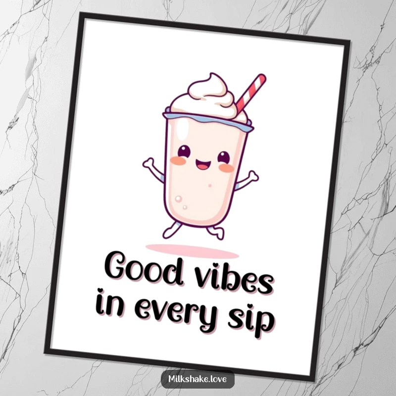 Funny Free Printable Wall Art: A Kawaii milkshake character caught in a happy, energetic bounce, full of life.