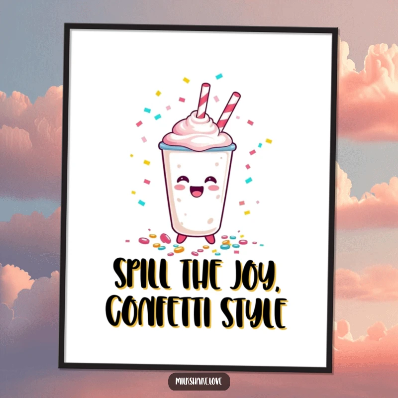Funny Free Printable Wall Art: A happy milkshake cup character joyfully spilling a rainbow of confetti.