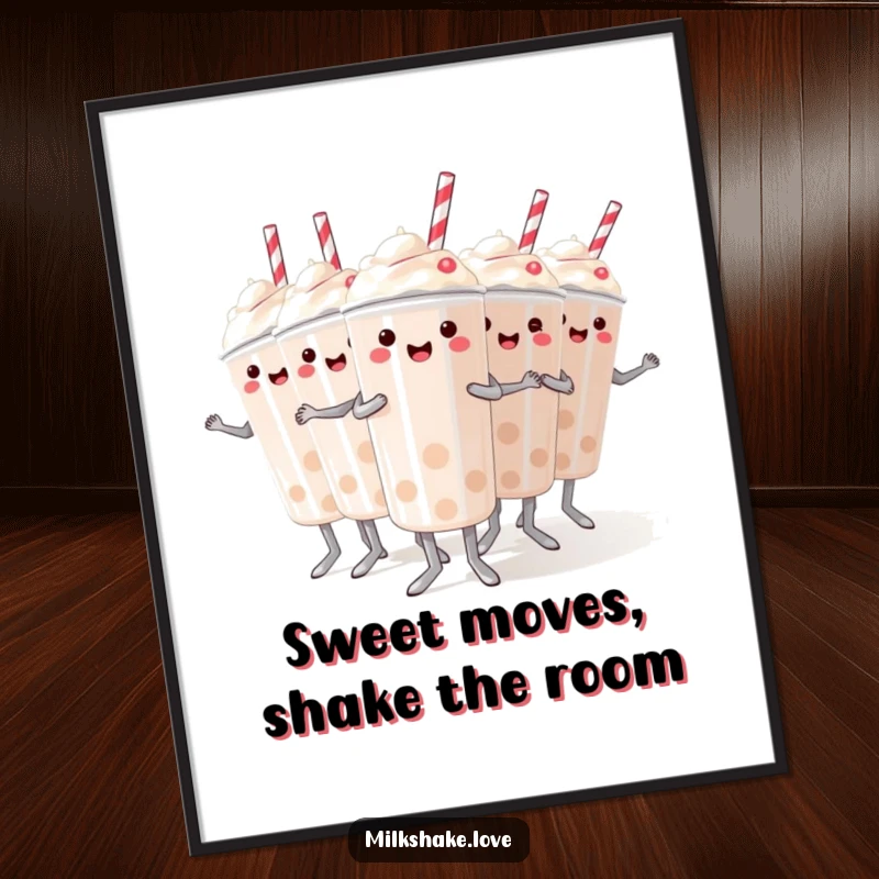Funny Free Printable Wall Art: A lively troupe of mini milkshakes performs a synchronized dance, adding fun decor.