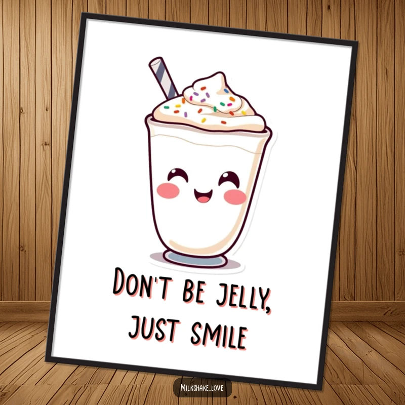 Funny Free Printable Wall Art: A kawaii milkshake character with a comically exaggerated funny face, accentuated by scattered sprinkles.