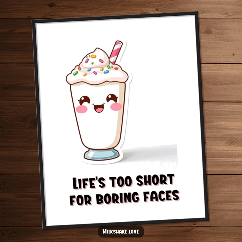 Funny Free Printable Wall Art: A Kawaii milkshake character with a comical face and scattered sprinkles, incredibly amusing.