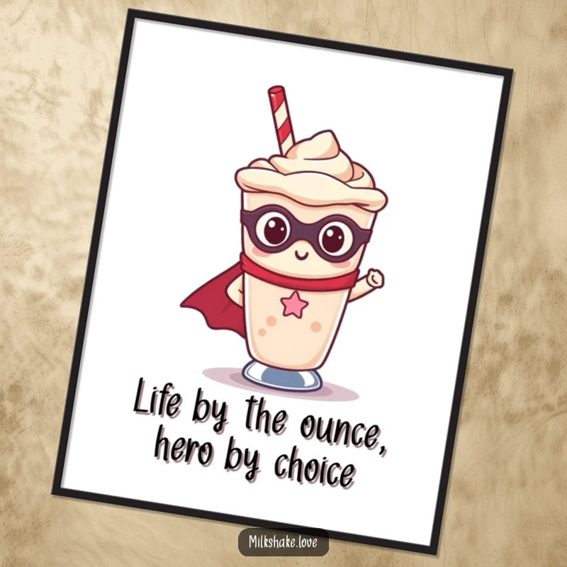 Funny Free Printable Wall Art: A kawaii milkshake character in a superhero costume, striking a proud pose in its cup.