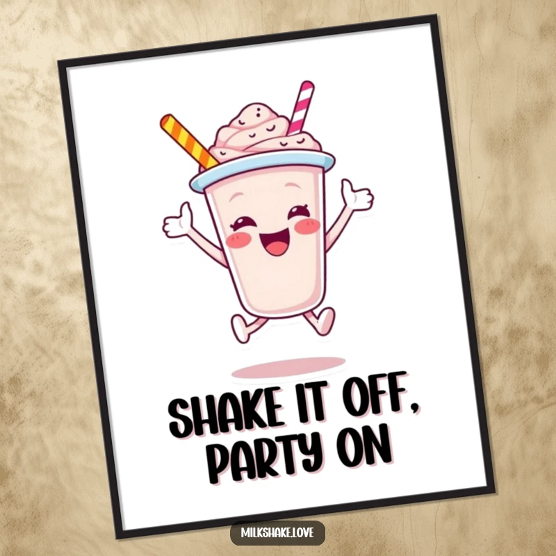 Funny Free Printable Wall Art: A jubilant milkshake cup character leaping dynamically, full of sweet energy.