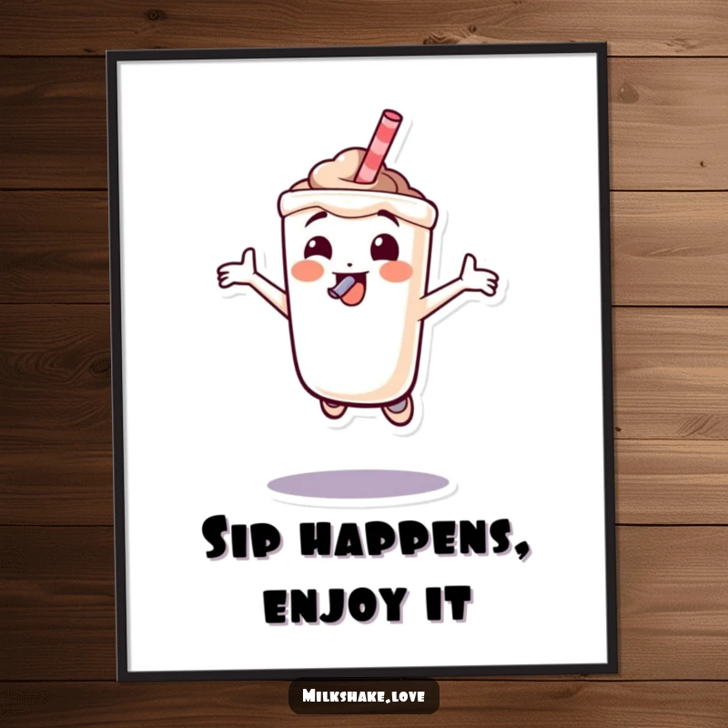 Funny Free Printable Wall Art: A milkshake character joyfully jumping with a straw in its mouth, vibrant downloadable.