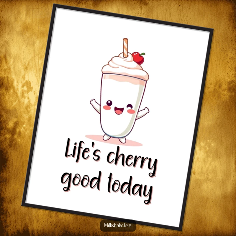Funny Free Printable Wall Art: An adorable Kawaii milkshake character beams, sporting a cute tiny cherry hat.