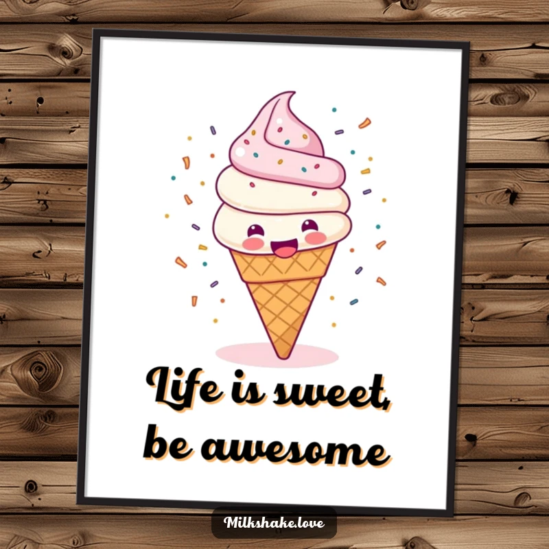 Funny Free Printable Wall Art: Happy ice cream cone spinning with sprinkles flying everywhere, cheerful decor.