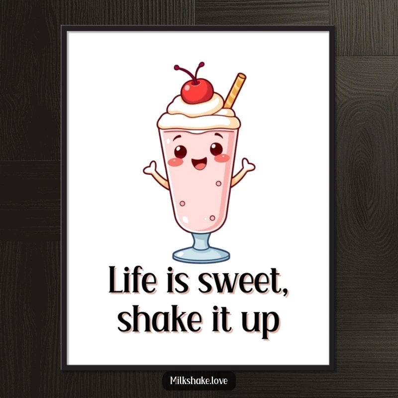 Funny Free Printable Wall Art: A smiling milkshake with a cherry on top, caught mid-jig, bringing vibrant energy.