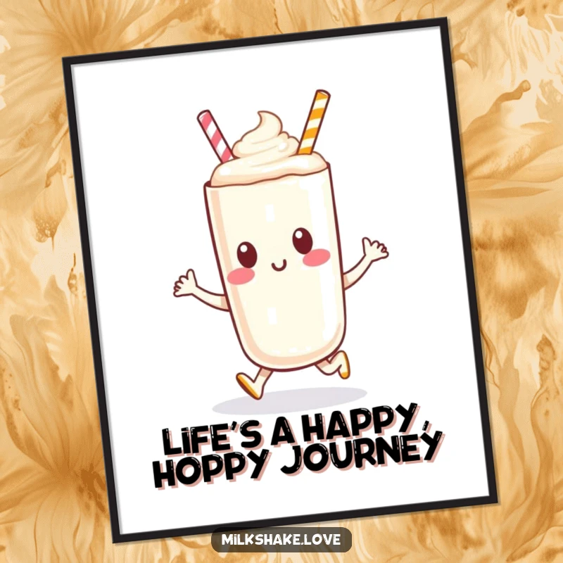 Funny free printable wall art depicting an anthropomorphic milkshake character joyfully performing a happy little hop.