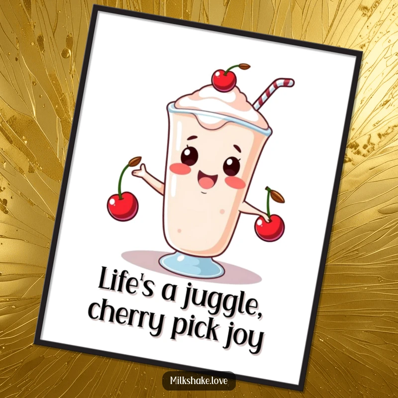 Funny free printable wall art: a happy kawaii milkshake juggles three small cherries with impressive dexterity.