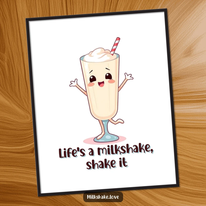 Funny Free Printable wall art of a cheerful milkshake on legs performing an energetic, happy dance.