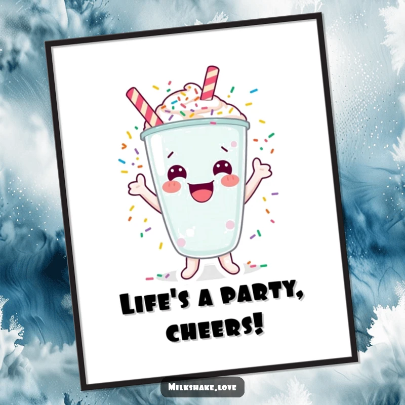 Funny Free Printable Wall Art: A happy milkshake cheers with colorful sprinkles bursting all around, festive downloadable art.