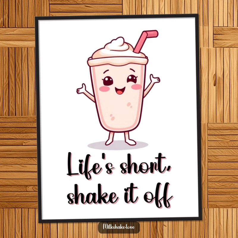 Funny Free Printable Wall Art: A smiling milkshake with a straw is caught mid-dance in a happy, energetic pose.