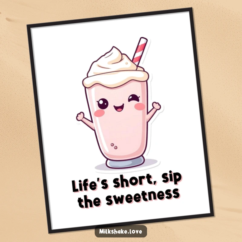 Funny Free Printable Wall Art showcasing a kawaii milkshake character with an irresistibly sweet and wide smile beaming from its glass.