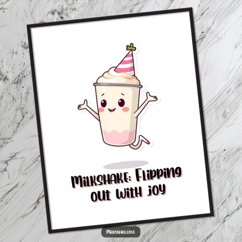 Funny Free Printable Wall Art: A milkshake cup wearing a party hat, captured mid-cartwheel, a dynamic and funny art piece.