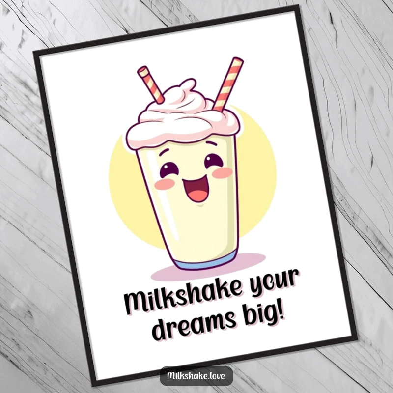 Funny Free Printable Wall Art of a giggling kawaii milkshake enthusiastically pointing upwards, radiating pure joy.