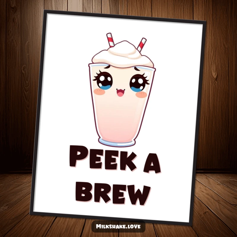Funny Free Printable Kawaii Milkshake Wall Art: a character peeking with wide, surprised eyes, adding quirky charm.