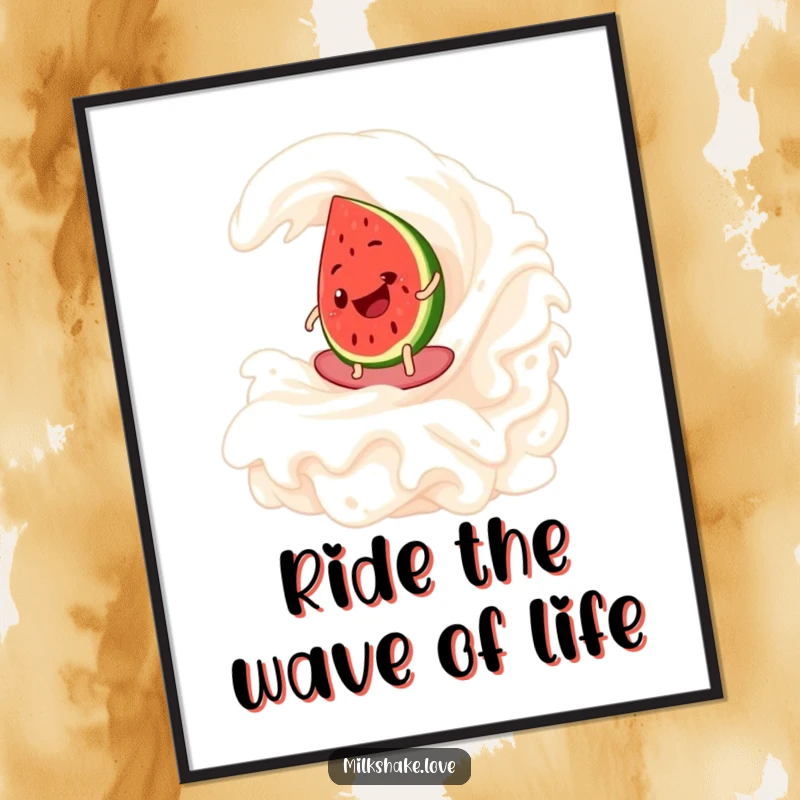 Funny Free Printable Wall Art: A happy watermelon slice skillfully surfing a gigantic whipped cream wave, looking totally rad.