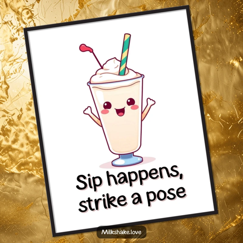 Funny Free Printable Wall Art: A Kawaii milkshake character with a colorful straw striking a stylish and confident pose.