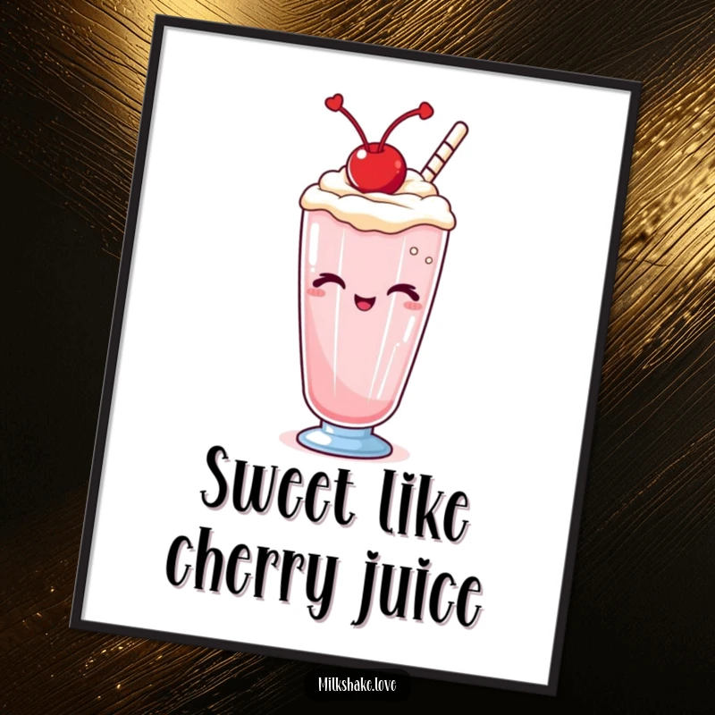 Funny Free Printable Wall Art of a Kawaii milkshake topped with a cherry, giving a mischievous and charming wink.