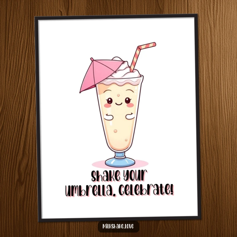 Funny Free Printable Wall Art: A cute Kawaii milkshake character with a tiny umbrella dancing with wild, silly abandon.