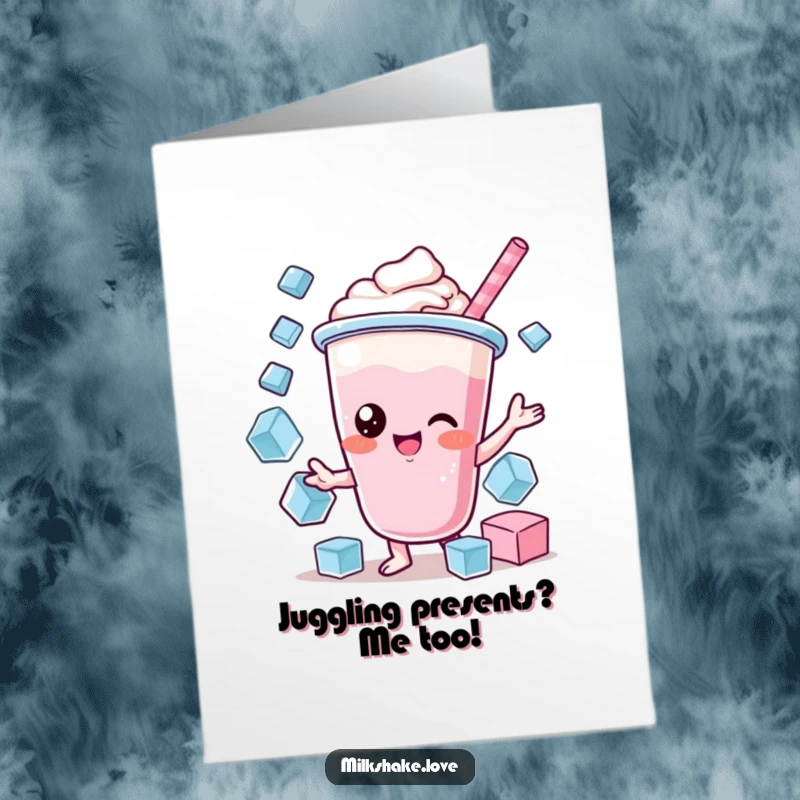 Funny Free Printable Birthday Card: Kawaii milkshake character skillfully juggling multiple ice cubes with a focused, cool expression.