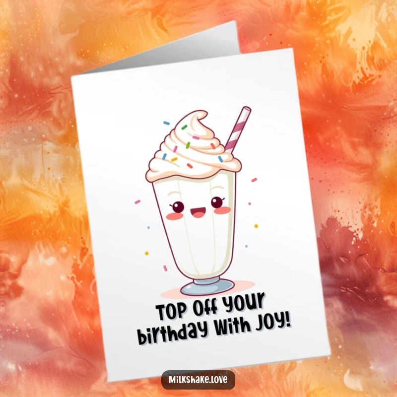 Funny Free Printable Birthday Card: A Kawaii milkshake with whipped cream and sprinkles, enthusiastically cheering with joy.