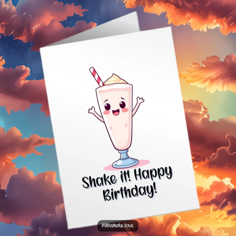 Funny Free Printable Birthday Card: A Kawaii milkshake in a tall glass, joyfully doing a happy dance with sprinkles flying.