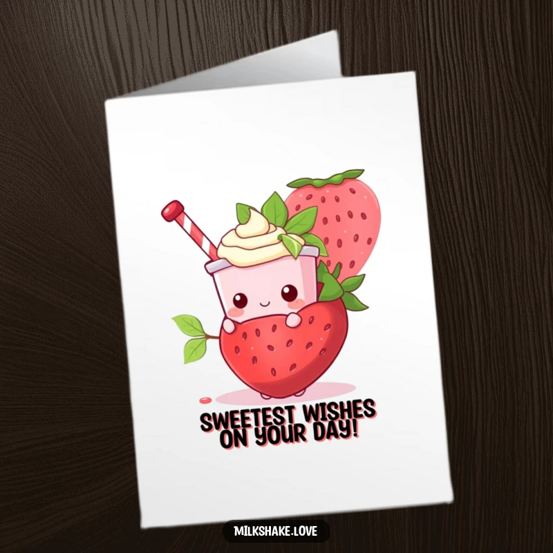 Funny Free Printable Birthday Card: Kawaii milkshake peeking from behind a huge strawberry, shyly celebrating.