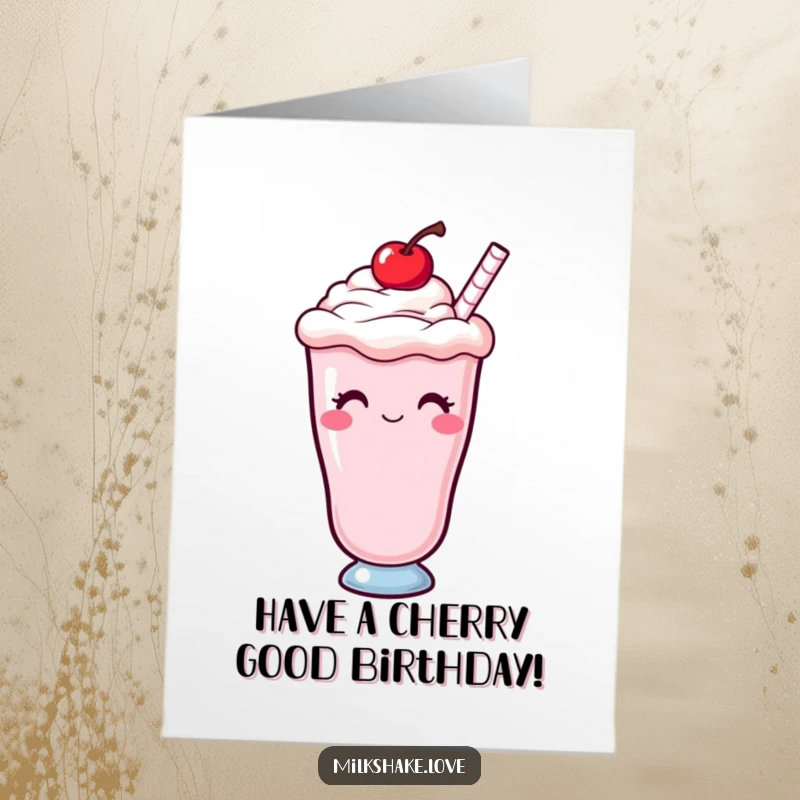 Funny Free Printable Birthday Card: A Kawaii milkshake with a cherry on top, giving a cheeky wink.