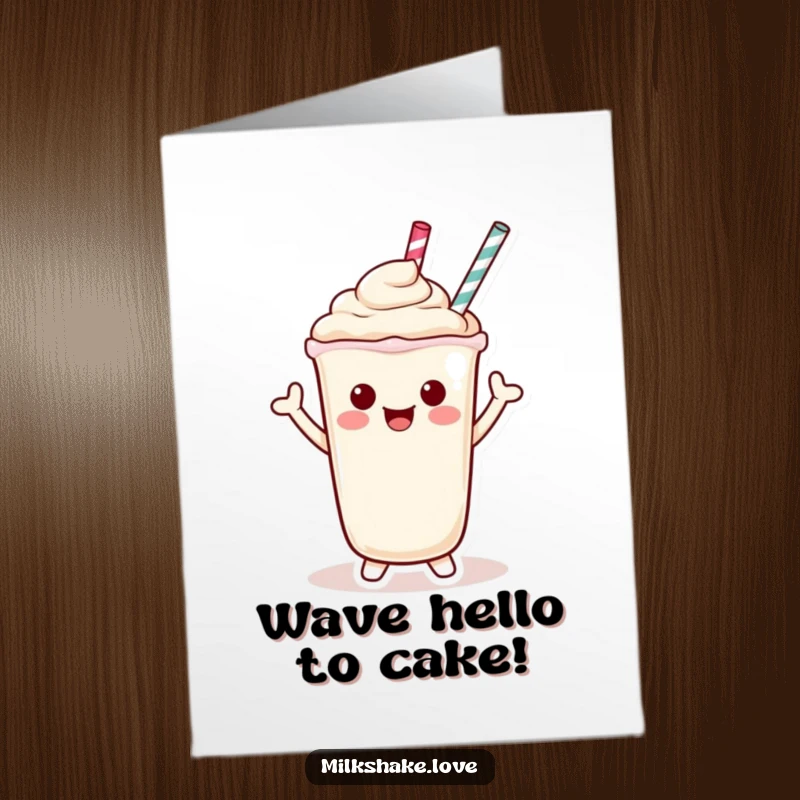 Funny Free Printable Birthday Card: A smiling Kawaii milkshake character gives a friendly wave using its straw.