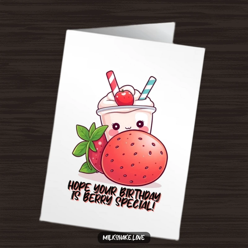 Funny Free Printable Birthday Card: A kawaii milkshake character shyly hiding behind a massive strawberry, peeking out with a blush.