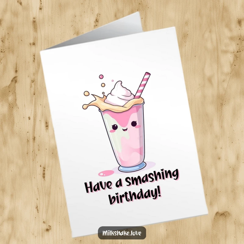 Funny Free Printable birthday card showing a colorful milkshake splashing joyfully within its cup.