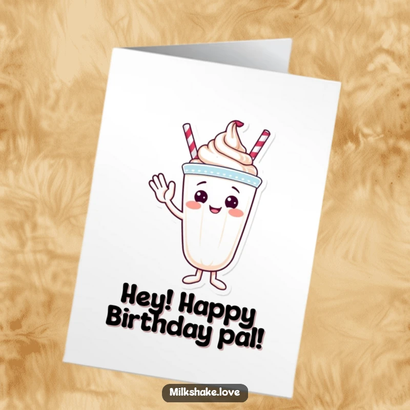 Funny Free Printable Birthday Card: A friendly milkshake with whipped cream topping waves hello, perfect downloadable card.