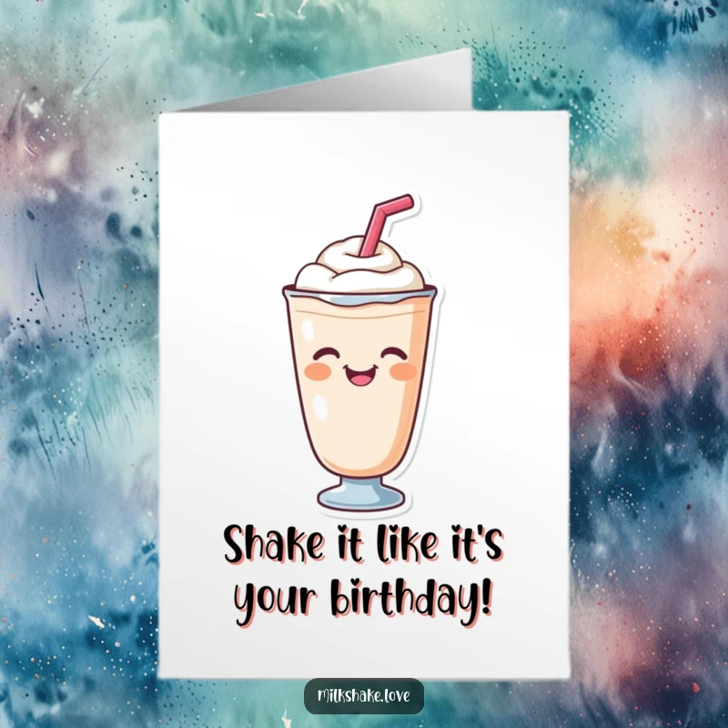 Funny free printable birthday card featuring a cute milkshake character with a straw giving a cheerful wink.