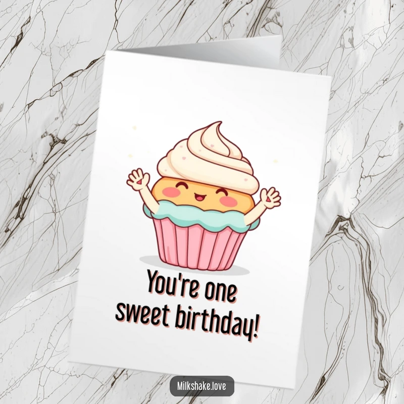 Funny Free Printable Birthday Card: Blushing cupcake with tiny arms waving enthusiastically at sparkles, sending birthday joy.