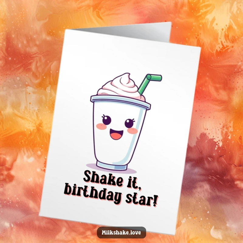 Funny Free Printable Birthday Card featuring a happy milkshake cup with a straw cheering joyfully.