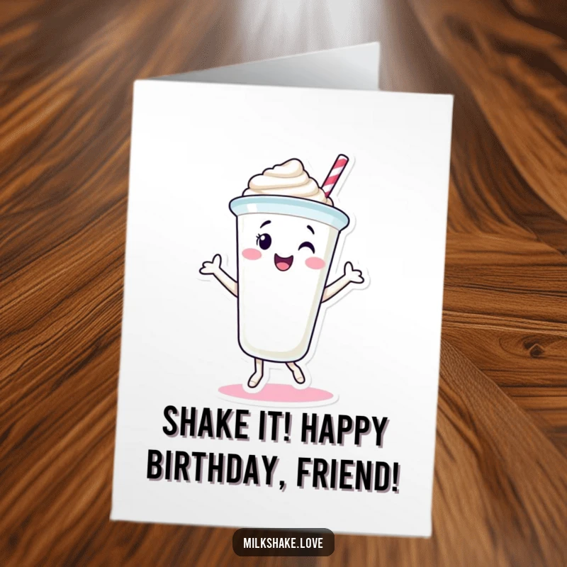 Funny Free Printable Birthday Card: A smiling milkshake cup character joyfully dancing, spreading birthday cheer.