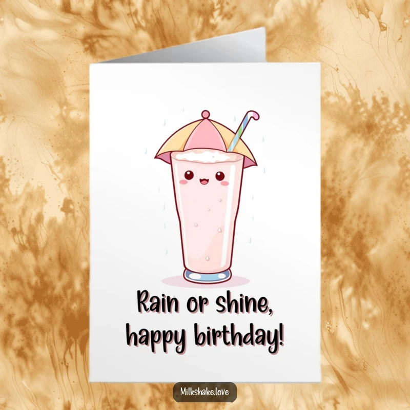 Funny free printable birthday card: a kawaii milkshake with an umbrella enjoys a delightful sugary rain.
