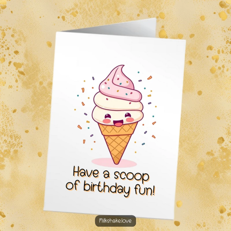 Funny Free Printable Birthday Card: Happy ice cream cone spinning with sprinkles flying, celebrating a birthday.