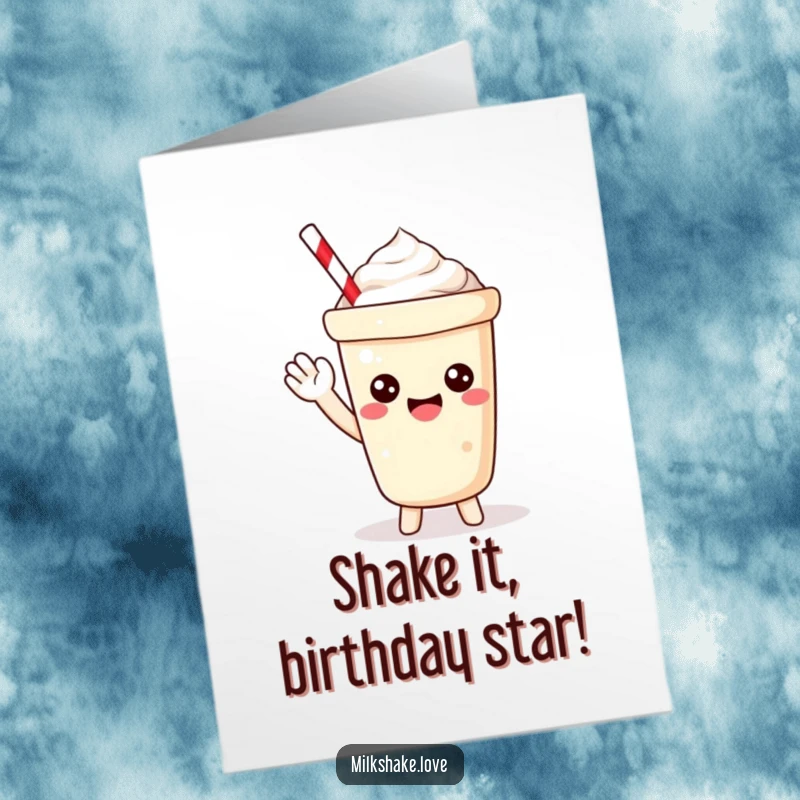 Funny Free Printable Kawaii Milkshake Birthday Card: adorable character waving happily, perfect for a fun celebration.