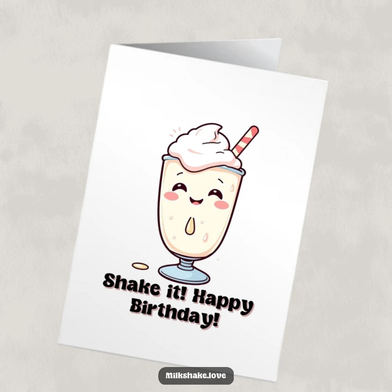 Funny Free Printable birthday card: a cute Kawaii milkshake character giggling uncontrollably while spilling a tiny drop of its contents.