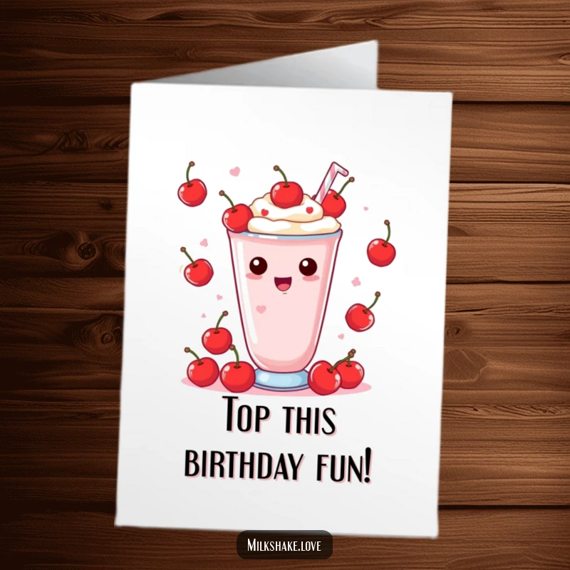 Funny Free Printable Kawaii Milkshake Birthday Card: character joyfully juggling cherries, perfect for a fun celebration.