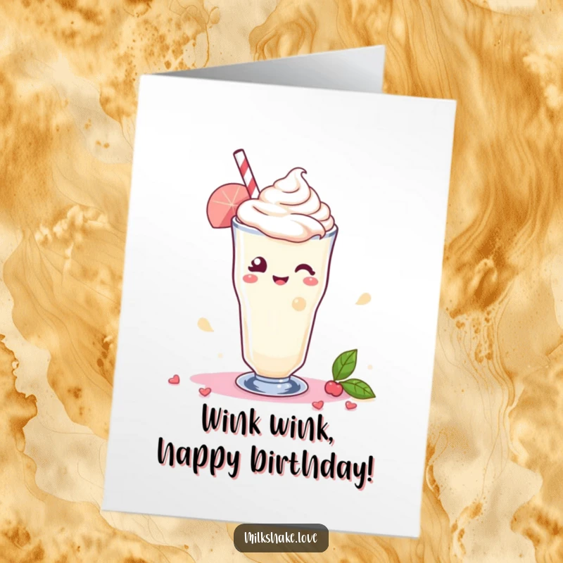 Funny Free Printable Kawaii Milkshake Birthday Card: character winking playfully, swirl of delight for a fun birthday.
